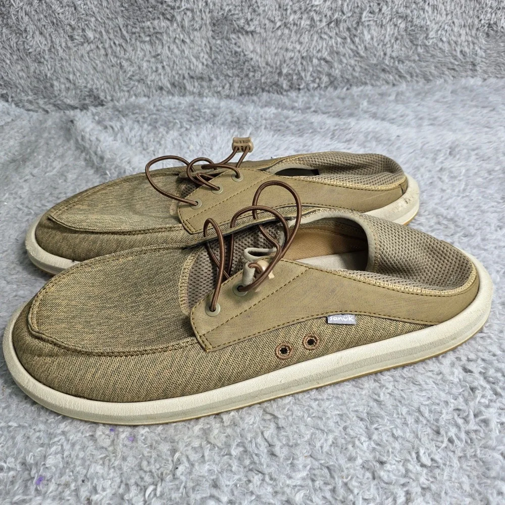 Sanuk 1132530‎ Boatie Boat Shoe Tan Vibram Sole Bungee Lace Mens 13 Excellent